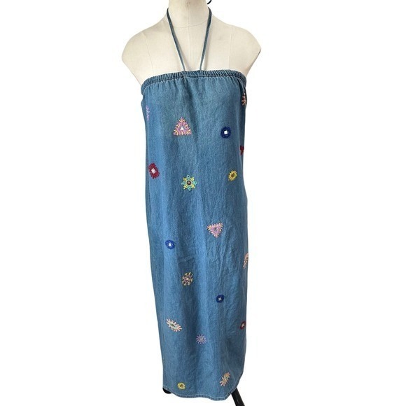 ZARA Denim Halter Maxi Dress Embroidered Floral Boho Beach Vacation Size S - Picture 3 of 8
